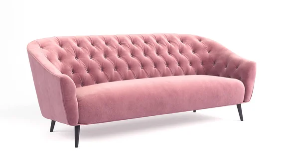 Moderno sofá rosa con estilo de moda con puntada de carro, botones, con patas sobre fondo blanco aislado. Muebles, objetos de interior, elegante sofá. Sofá femenino romántico —  Fotos de Stock