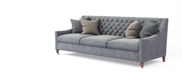 Sofá clásico gris escandinavo moderno con patas con almohadas sobre fondo blanco aislado. Muebles, objeto interior, sofá elegante —  Fotos de Stock