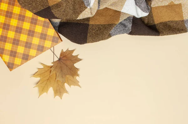 秋天,秋天的概念。检查橙色礼品纸袋,温暖舒适的毛毯格子,秋天干燥的叶子在柔和的米色背景。平铺,顶视图,复制空间。创意秋季组合 — 图库照片