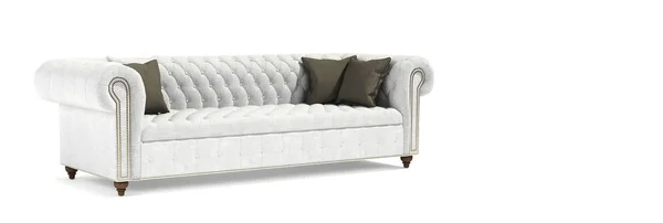 Sofá moderno clásico de tela blanca gris claro con puntada de carro, botones, almohadas, con patas sobre fondo blanco aislado. Muebles, objetos de interior, elegante sofá. Sofá de estilo inglés —  Fotos de Stock