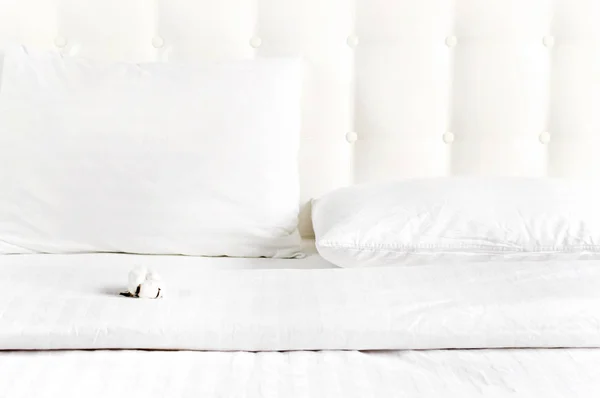 Miękka biała pikowana poduszka i kwiat bawełny w łóżku na tle białej skóry pikowane zagł. Czysta Poduszka, część łóżka zbliżenie, komfort. Pikowane tło zagł, makieta pościeli — Zdjęcie stockowe