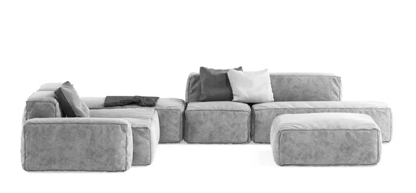 Sofá modular gris moderno con almohadas y cuadros aislados sobre fondo blanco. Muebles, objetos de interior, elegante sofá. Estilo de alta tecnología, sujeto para un diseño interior minimalista —  Fotos de Stock