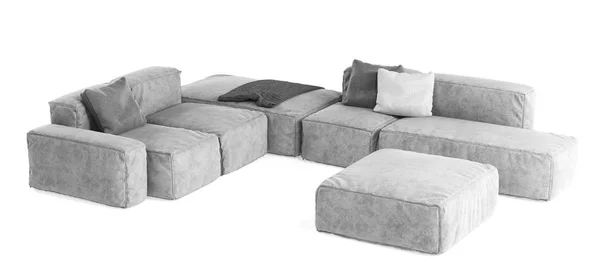 Сучасний сірий модульний диван з подушками і плед ізольований на білому тлі. Меблі, предмети інтер'єру, стильний диван. Високотехнологічний стиль, тема для мінімалістичного дизайну інтер'єру — стокове фото