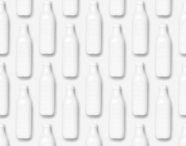 Açık gri arka plan manzaralı süt ürünleri için beyaz plastik şişe kapları düz yatıyordu. Plastik Kefir Yoğurt Şişe Sütü. Paketleme şablonu modeli. Tasarımınız için düzenName