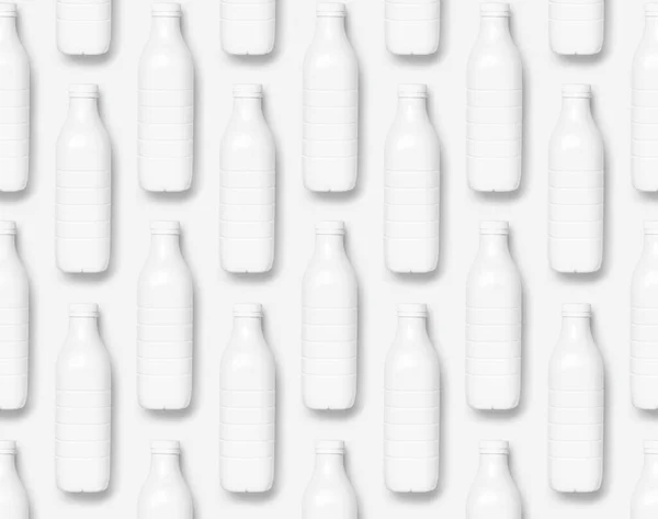 Patrón de envases de botellas de plástico blanco para productos lácteos sobre fondo gris claro vista superior plana laico. Botella de leche de yogur de kéfir plástico. Plantilla de embalaje maqueta. Diseño para su diseño —  Fotos de Stock