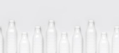 Açık gri arka plan manzaralı süt ürünleri için bembeyaz plastik şişe konteynırlarının kusursuz desenleri düz yerde yatıyordu. Plastik Kefir Yoğurt Şişe Sütü. Paketleme şablonu modeli. Tasarımınız için düzenName