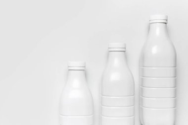 Süt ürünleri için beyaz plastik şişe kapları açık gri arka plan üst görünüm düz yatıyordu. Plastik Kefir Yoğurt Şişe Sütü. Paketleme şablonu modeli. Tasarımınız için düzenName