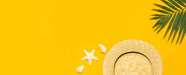 Sombrero Paja Verano Las Mujeres Hojas Palma Tropical Conchas Estrellas — Foto de Stock