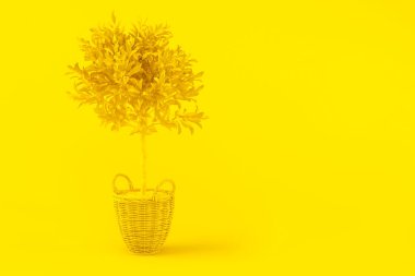 Limonlu yaratıcı bir düzen. Sarı arka planda meyve dolu limon ağacı. Citrus ağacı, C vitamini, sağlıklı meyve. Üç boyutlu sarı çizim. Ev yapımı limon ağacı..