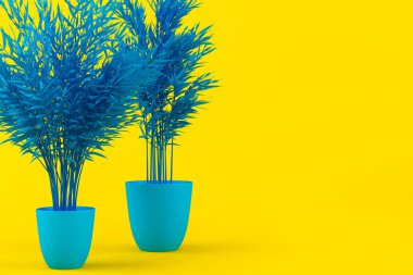 Sarı arka planda mavi tencerede mavi renkli palmiye ağacının yerleşimi. Palmiye ağacı ile yaratıcı bir arka plan. Ev bitkisi, kapalı alan çiçeği. Tropik bitki. 3 boyutlu illüstrasyon. Dekoratif palmiye ağacı deseni.