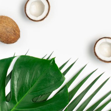 Beyaz arka planda tropik yapraklar ve taze hindistan cevizi. Düz konum, üst görünüm, kopyalama alanı. Yaz geçmişi, doğa. Sağlıklı yemek. Yaratıcı sağlıklı gıda konsepti, hindistan cevizinin yarısı. Kırık hindistan cevizi