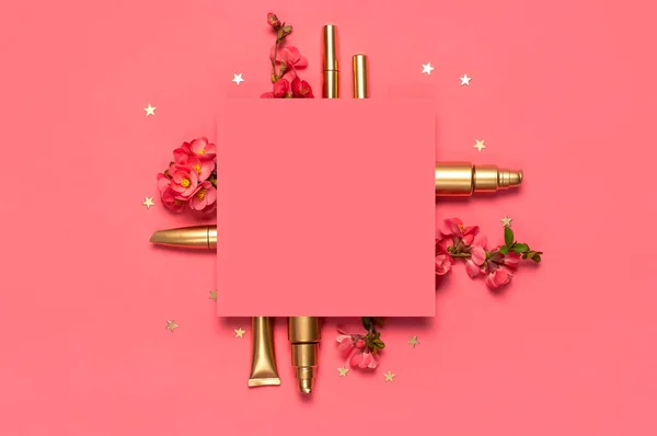 Conceito Marca Cosméticos Cosméticos Flores Cor Rosa Primavera Estrelas Ouro — Fotografia de Stock