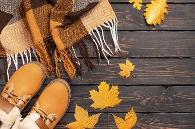 Sonbahar Moda Konsepti. Kahverengi turuncu deri kadın botları kürklü, ekoseli, kahverengi ahşap arka plan manzaralı altın sonbahar yaprağı. Modaya uygun kadın ayakkabıları. Samimi sonbahar kompozisyonu.