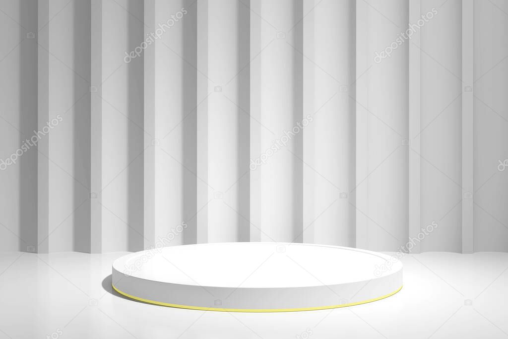 Gray cylinder podium pedestal with gold edging against a raised wall with LED lighting. 3D Rendering. Podium platform for product presentation, cosmetics. Pedestal mockup. Front view. Minimal concept.