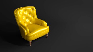 Sarı deri koltuk, örtülü bir sırt ve siyah arka planda tahta bacaklar. Yaratıcı minimalist iç mekan, şık moda deri koltuk, klasik kanepe, tek parça mobilya..