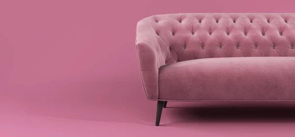 Fashionable Comfortable Pink Fabric Sofa Black Legs Pink Background Shadow — стоковое фото