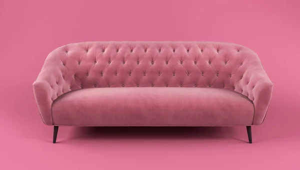 Fashionable comfortable stylish pink fabric sofa with black legs on pink background with shadow. Pink interior, showroom, single piece of furniture. Vilyura, velvet sofa. Luxury couch front view.