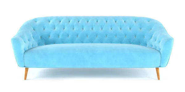 Stylish blue fabric sofa with wooden legs isolated on white background with shadow. Fashionable comfortable single piece of furniture. Vilyura, velvet sofa. Luxury couch front view. Interior object — Stock Photo, Image