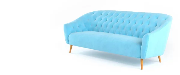 Stylish blue fabric sofa with wooden legs isolated on white background with shadow. Fashionable comfortable single piece of furniture. Vilyura, velvet sofa. Luxury couch side view. Interior object — Stock Photo, Image