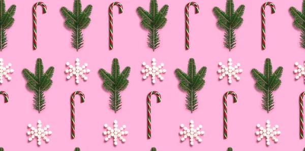 Nahtlose Muster Der Traditionellen Weihnachtsbonbons Zuckerrohr Marshmallows Schneeflocken Grünen Tannenzweigen — Stockfoto