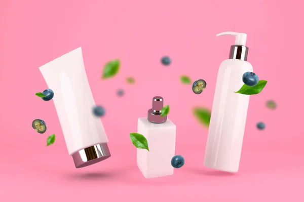 Download Clean Flying White Cosmetic Containers With Blueberries And Green Leaves On Pink Background Creative Layout Of Natural Cosmetics Beauty And Spa Concept Blank Bottle Packaging Mockup 3d Illustration Package Image