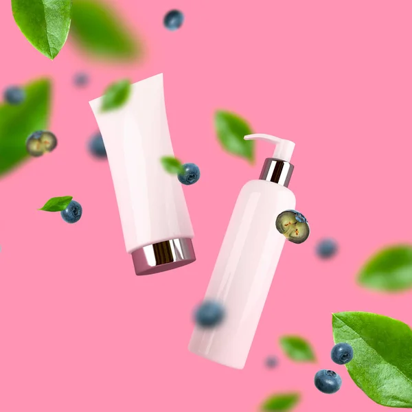 Download Clean Flying White Cosmetic Containers With Blueberries And Green Leaves On Pink Background Creative Layout Of Natural Cosmetics Beauty And Spa Concept Blank Bottle Packaging Mockup 3d Illustration Package Image