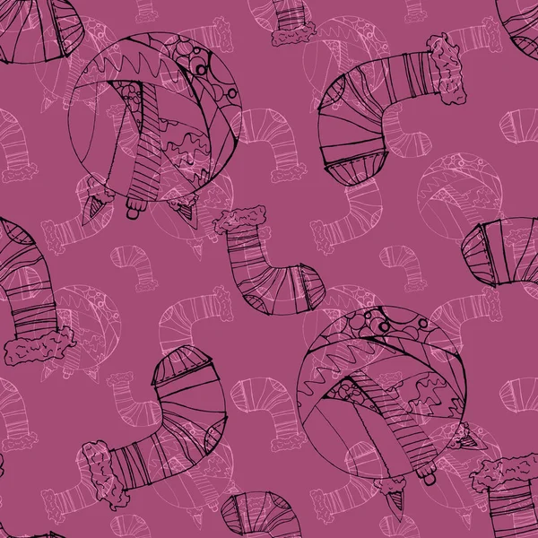 New Year\'s pattern 2021. sketch of New Year\'s toy ball and Christmas sock with gifts on a purple background. Background and packaging.