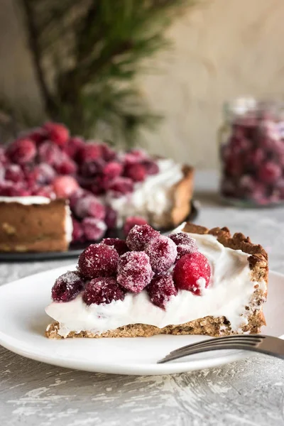 Festive Pie Meringue Nut Base Cream Cheese Candied Cranberries — Stock Photo, Image