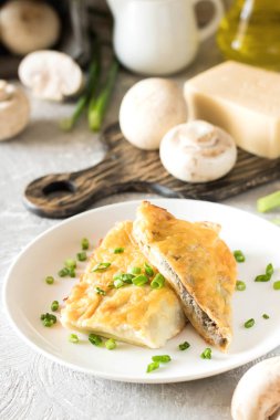 Krep mantar ile doldurulmuş ve altında beşamel sos pişmiş