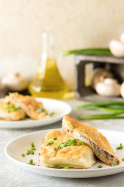 Krep mantar ile doldurulmuş ve altında beşamel sos pişmiş