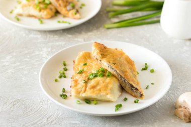 Krep mantar ile doldurulmuş ve altında beşamel sos pişmiş