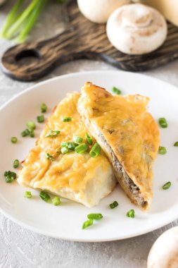 Krep mantar ile doldurulmuş ve altında beşamel sos pişmiş