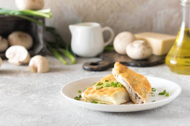 Krep mantar ile doldurulmuş ve altında beşamel sos pişmiş