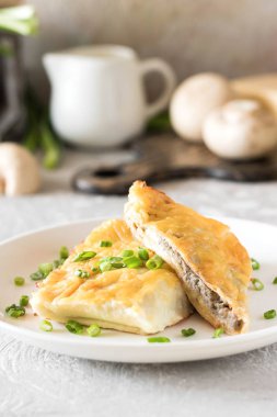 Krep mantar ile doldurulmuş ve altında beşamel sos pişmiş