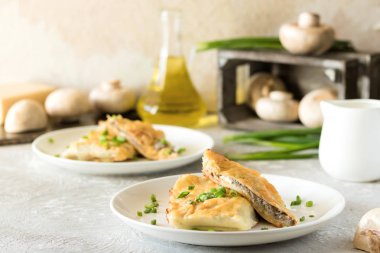 Krep mantar ile doldurulmuş ve altında beşamel sos pişmiş