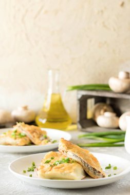 Krep mantar ile doldurulmuş ve altında beşamel sos pişmiş