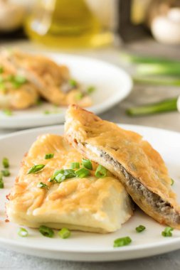 Krep mantar ile doldurulmuş ve altında beşamel sos pişmiş