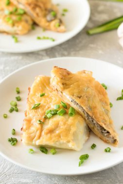 Krep mantar ile doldurulmuş ve altında beşamel sos pişmiş