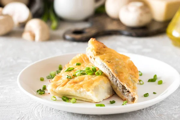 Krep mantar ile doldurulmuş ve altında beşamel sos pişmiş