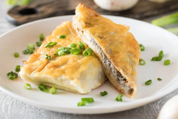 Krep mantar ile doldurulmuş ve altında beşamel sos pişmiş