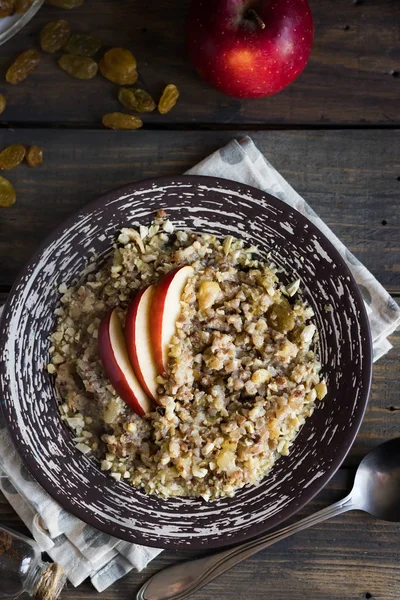 Buckwheat Porridge Apples Raisins Cashew Nuts Breakfast — Stock Photo, Image