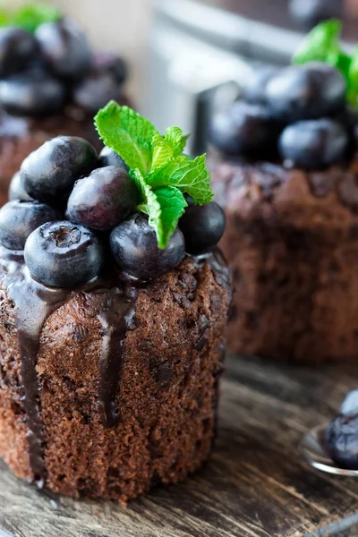 Muffins de chocolate com chocolate e mirtilos — Fotografia de Stock