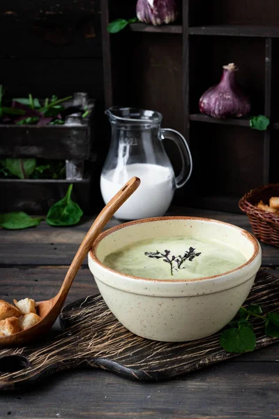 Cremiges Suppenpüree mit Spinat auf dunklem Hintergrund — Stockfoto