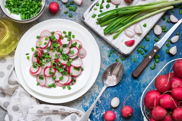 Ensalada con rábano, cebolla verde y sal rosa — Foto de Stock