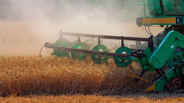 Harvester Field Mows Ripe Dry Wheat Emitting Clouds Dust Farmer — Stock Photo, Image