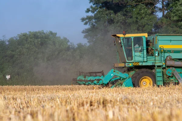 Combinar la máquina está cosechando avena en el trabajo —  Fotos de Stock