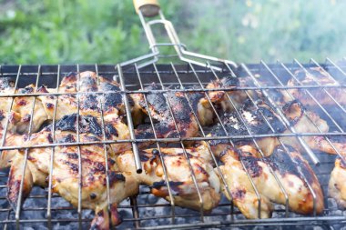 İştah açıcı tavuk kanatları açık ızgara bahçede barbekü ile