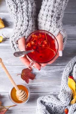 Bal ile sağlıklı Kartopu çiçeği çayı eller gri bir ahşap masa üzerinde tutun. Üstten görünüm