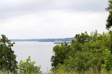 Bulutlu bir günde panoramik nehir ve ağaçlar gri gökyüzü karşı. Doğal arka plan