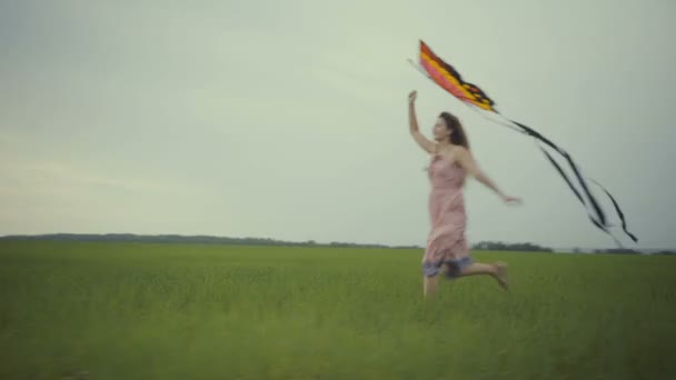 Κορίτσι τρέχει γύρω με ένα χαρταετό στον τομέα. Έννοια ελευθερία. — Αρχείο Βίντεο